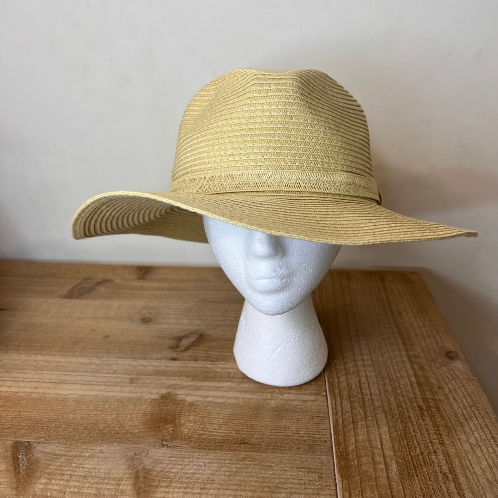 J.Crew Women's Tan Packable Straw Fedora Wide Brim Sun Hat M-L Beach Vacation